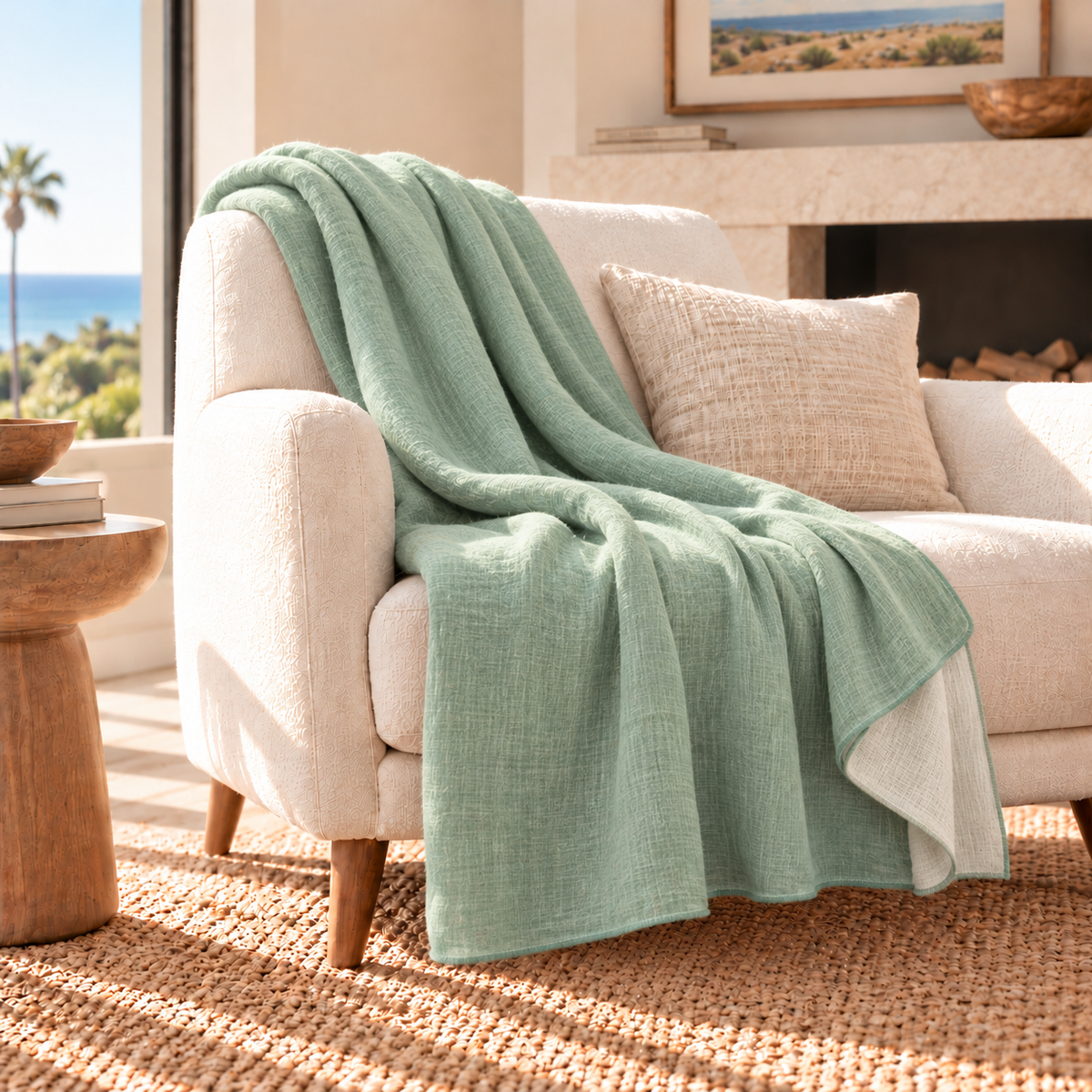 Reversible Handwoven Alpaca Throw Blanket | Fern Green & White | Kani Collection