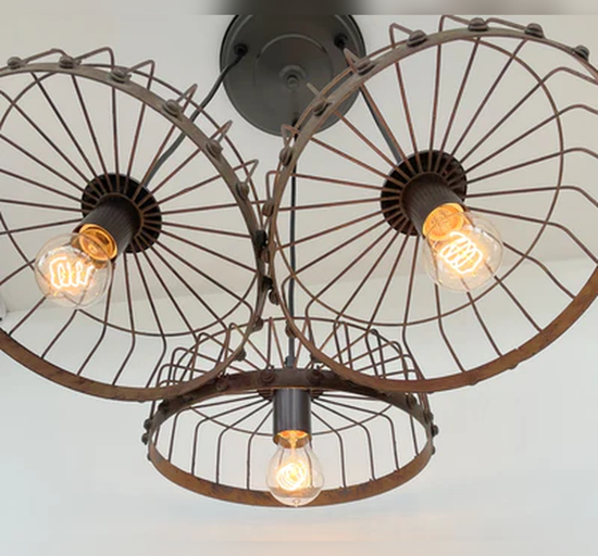 Rustic Industrial Wagon Wheel CHANDELIER TRIO Light