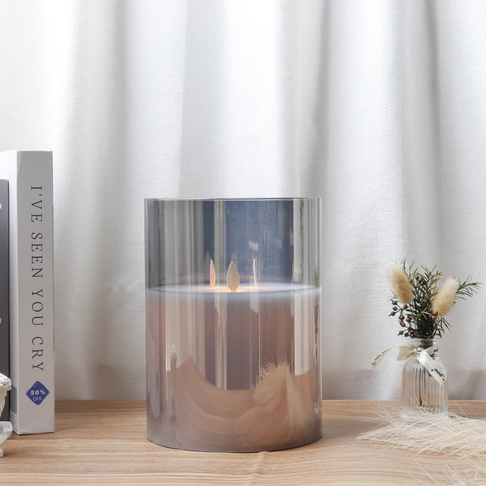8"High 3-Wick Glass Flameless Candles( Large Gray)