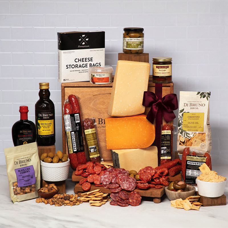 Fuhgettaboutit Cheese & Charcuterie Gourmet Gift Crate, gourmet food gift for birthdays, holidays and special occasions at Cedar & Spice Gifts