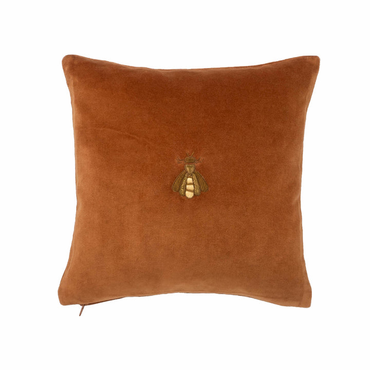 Golden Bee Silk Velvet Throw Pillow, 12 x 12, luxury bee decor for sofa or bed at Cedar & Spice Gifts