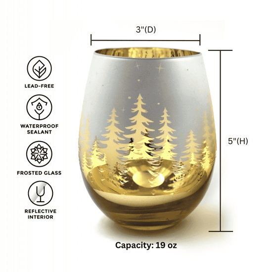 Gold Pine Tree Stemless Wine Glasses