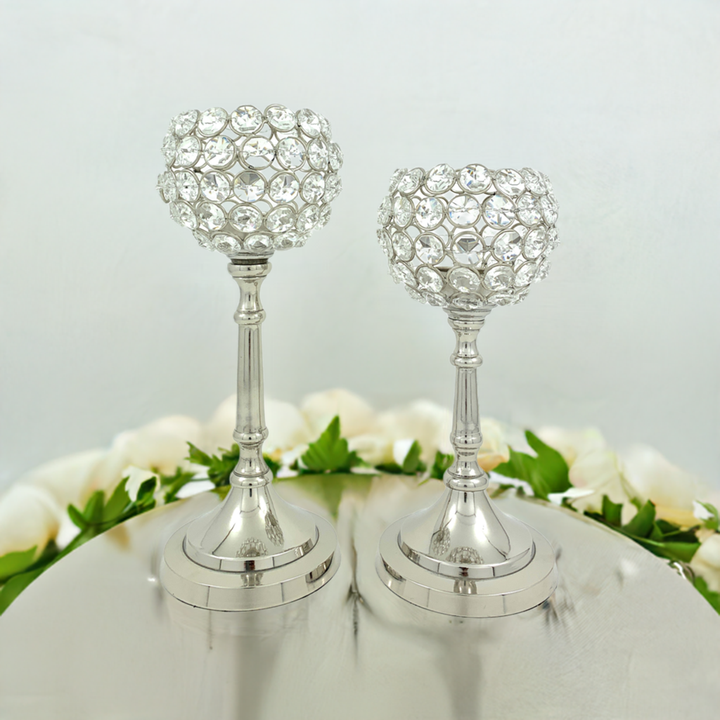 Vibhsa Hurricane Crystal Candle Holders | Set of 2, 8" & 10", Silver Nickel Finish
