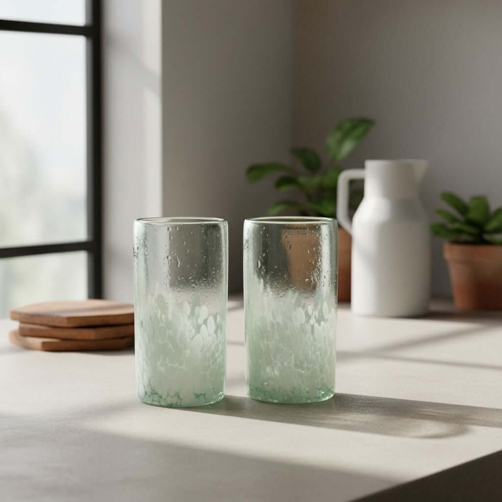 Hand-Blown Mexican Highball Glass | White & Clear Artisan Design