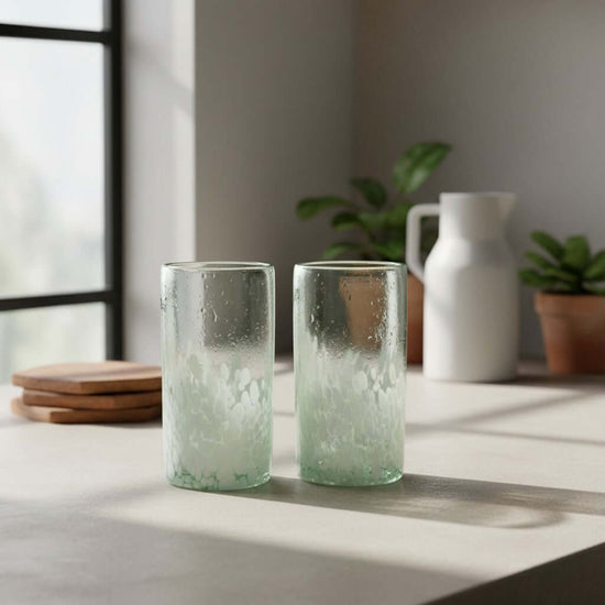 Hand-Blown Mexican Highball Glass | White & Clear Artisan Design