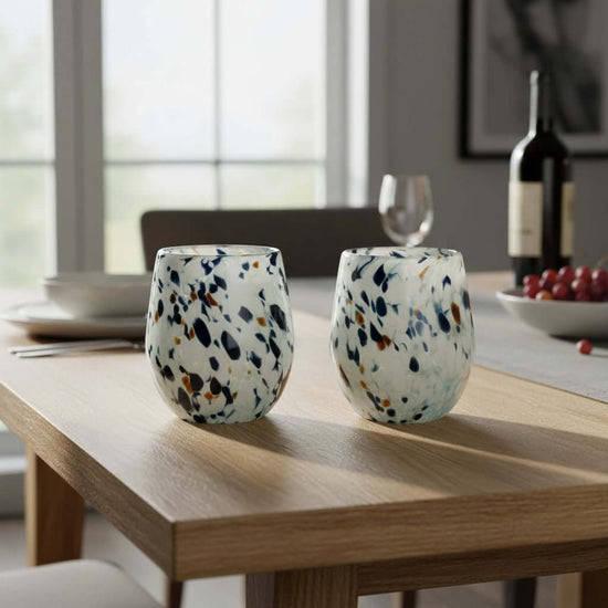 Hand-Blown Mexican Stemless Wine Glass | Blue Mocha Speckle Design