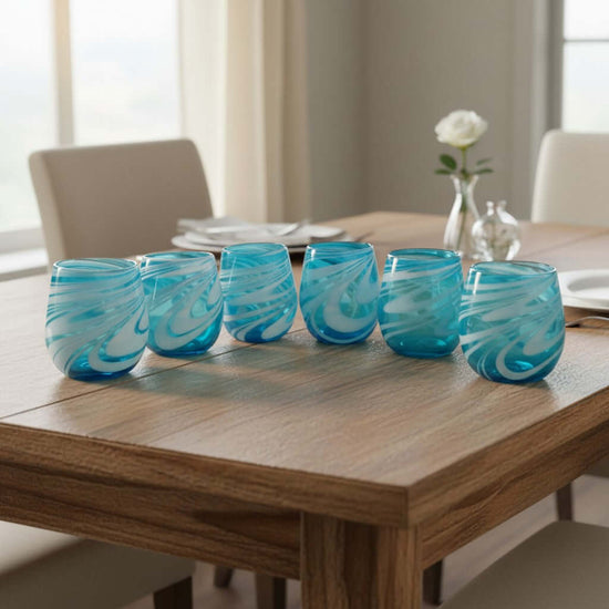 Hand-Blown Mexican Stemless Wine Glass | Teal White Swirl Design