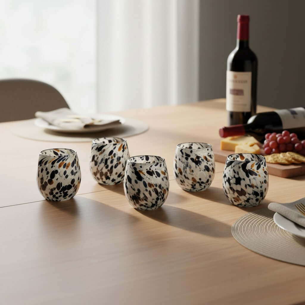 Hand-Blown Mexican Stemless Wine Glass | Blue Mocha Speckle Design