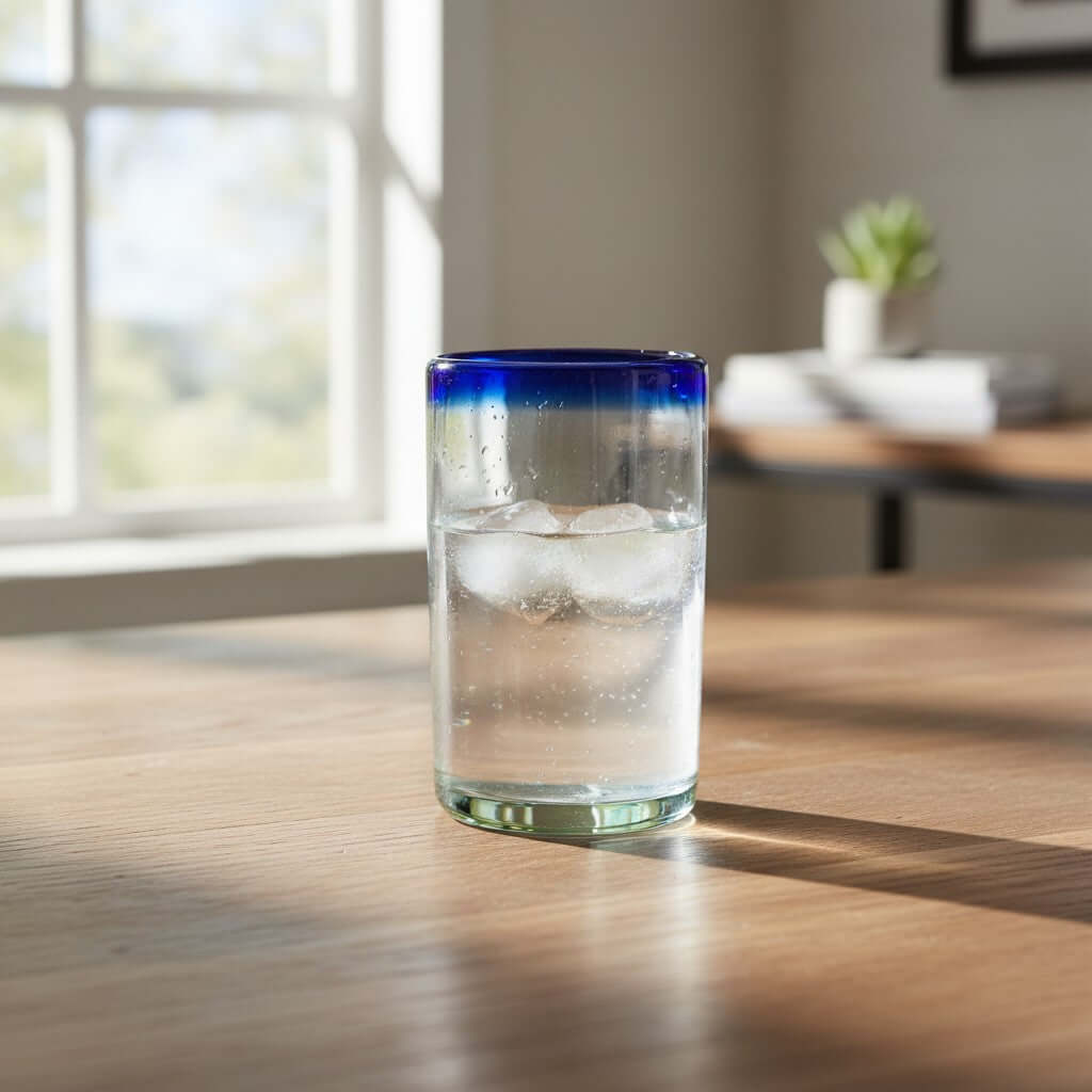 Hand-Blown Mexican Tumbler Glass | Cobalt Blue Rim Design