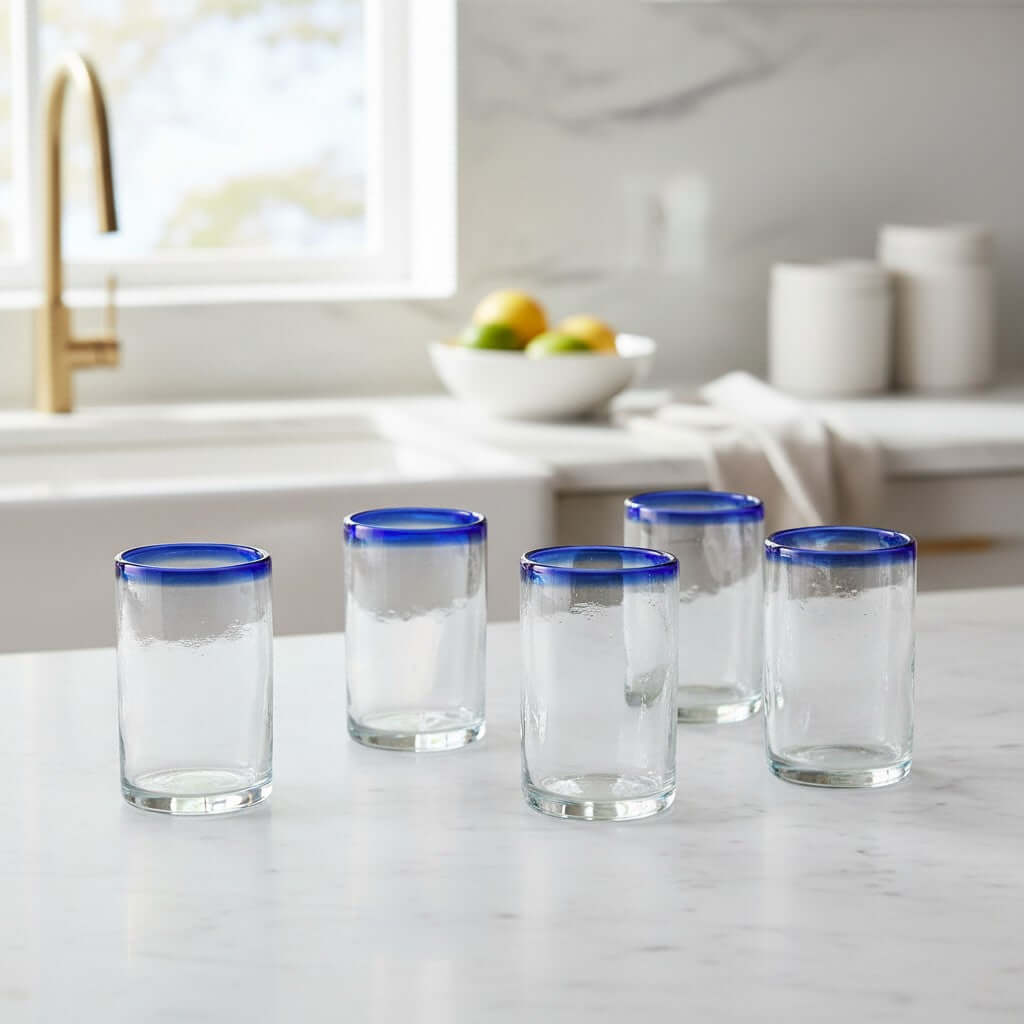 Hand-Blown Mexican Tumbler Glass | Cobalt Blue Rim Design