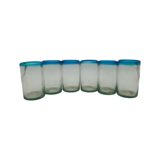 Hand-Blown Mexican Tumbler Glass | Teal Rim Design