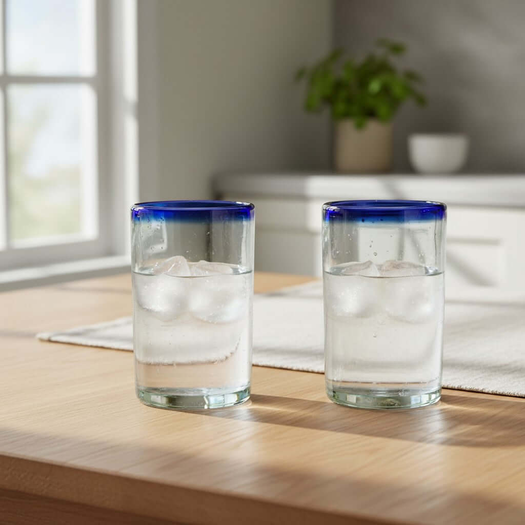 Hand-Blown Mexican Tumbler Glass | Cobalt Blue Rim Design