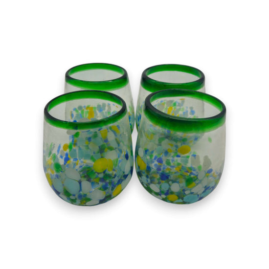 Hand-Blown Stemless Wine Glass | Mexican Confetti with Green Rim