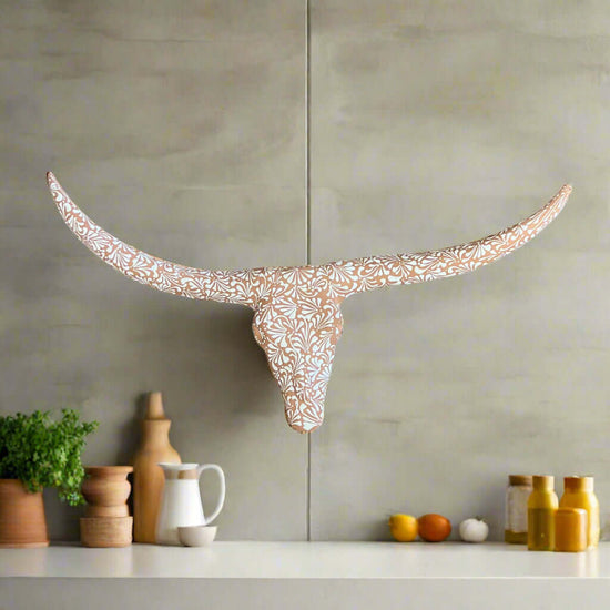 Terracotta Longhorn Wall Art | Hand-Painted Mexican Bull Skull