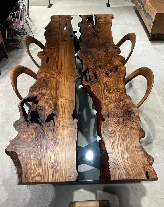 Live Edge, Epoxy Resin River Dining Room Table Made Of Chestnut Wood