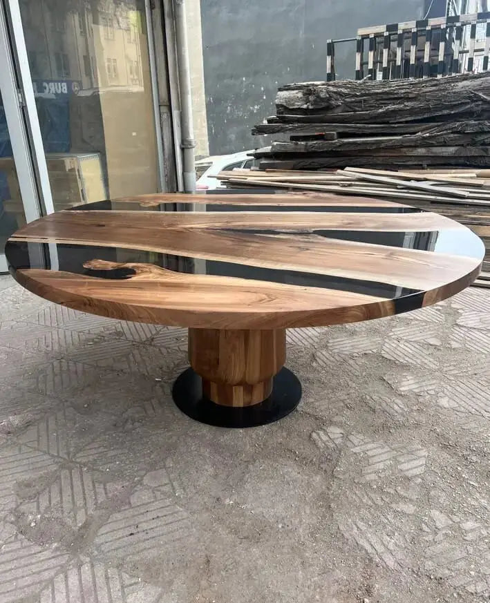 Round Epoxy Resin Table with Wooden Tulip Base Made of Walnut