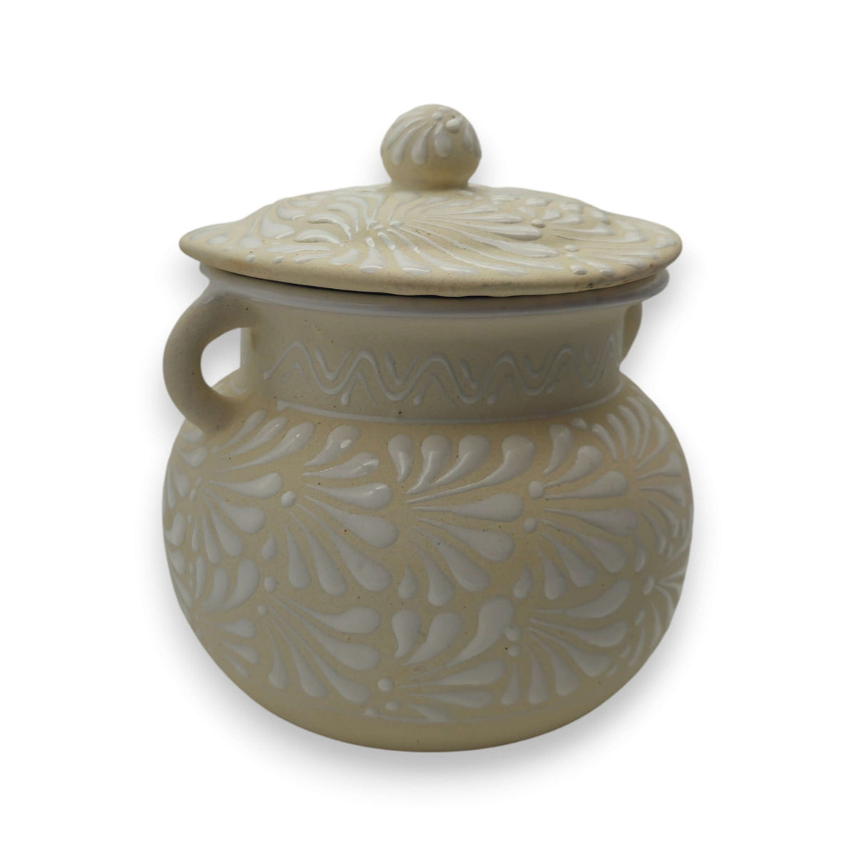 Cream Talavera Bean Pot with Lid | Handmade Mexican Clay