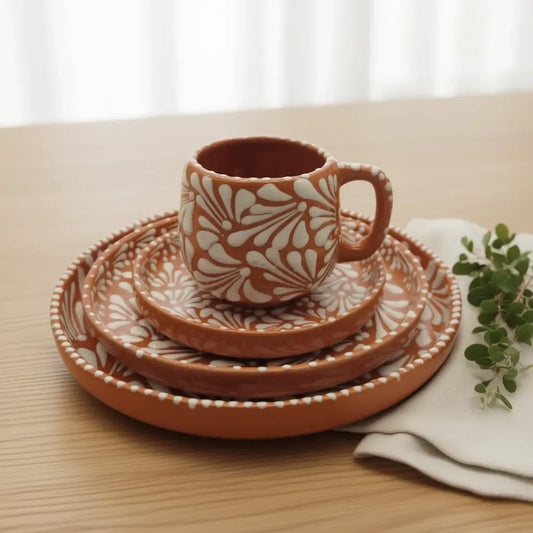 Handmade Talavera Dinnerware Set | Brown & White 4-Piece