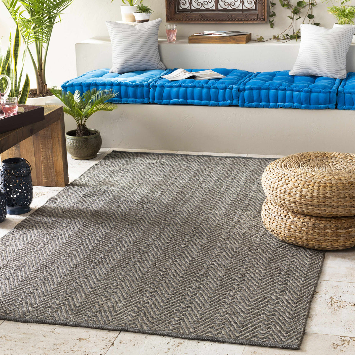 Herlong Charcoal Herringbone Outdoor Rug - Clearance