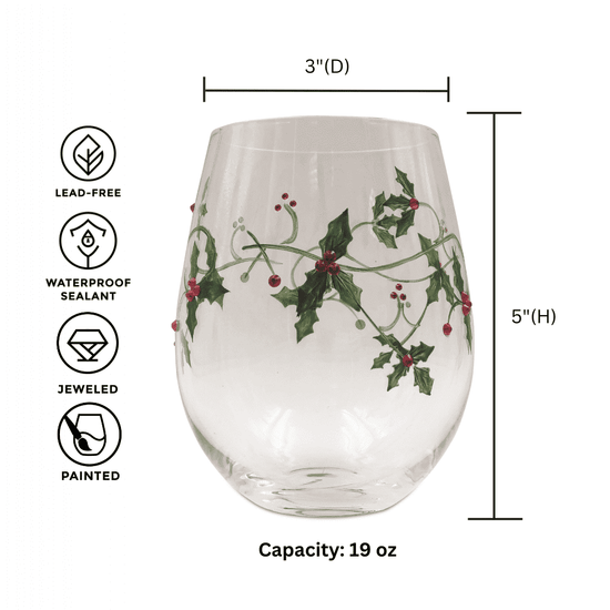 Christmas Holly Stemless Wine Glasses