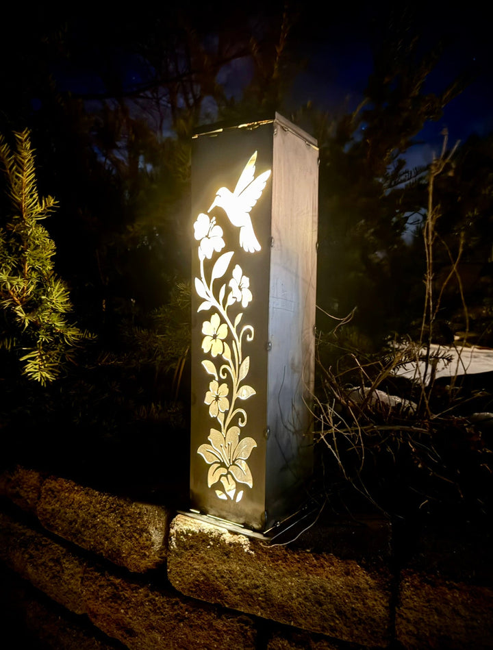 Hummingbird Garden Glow Solar Luminary Pillar - Steel