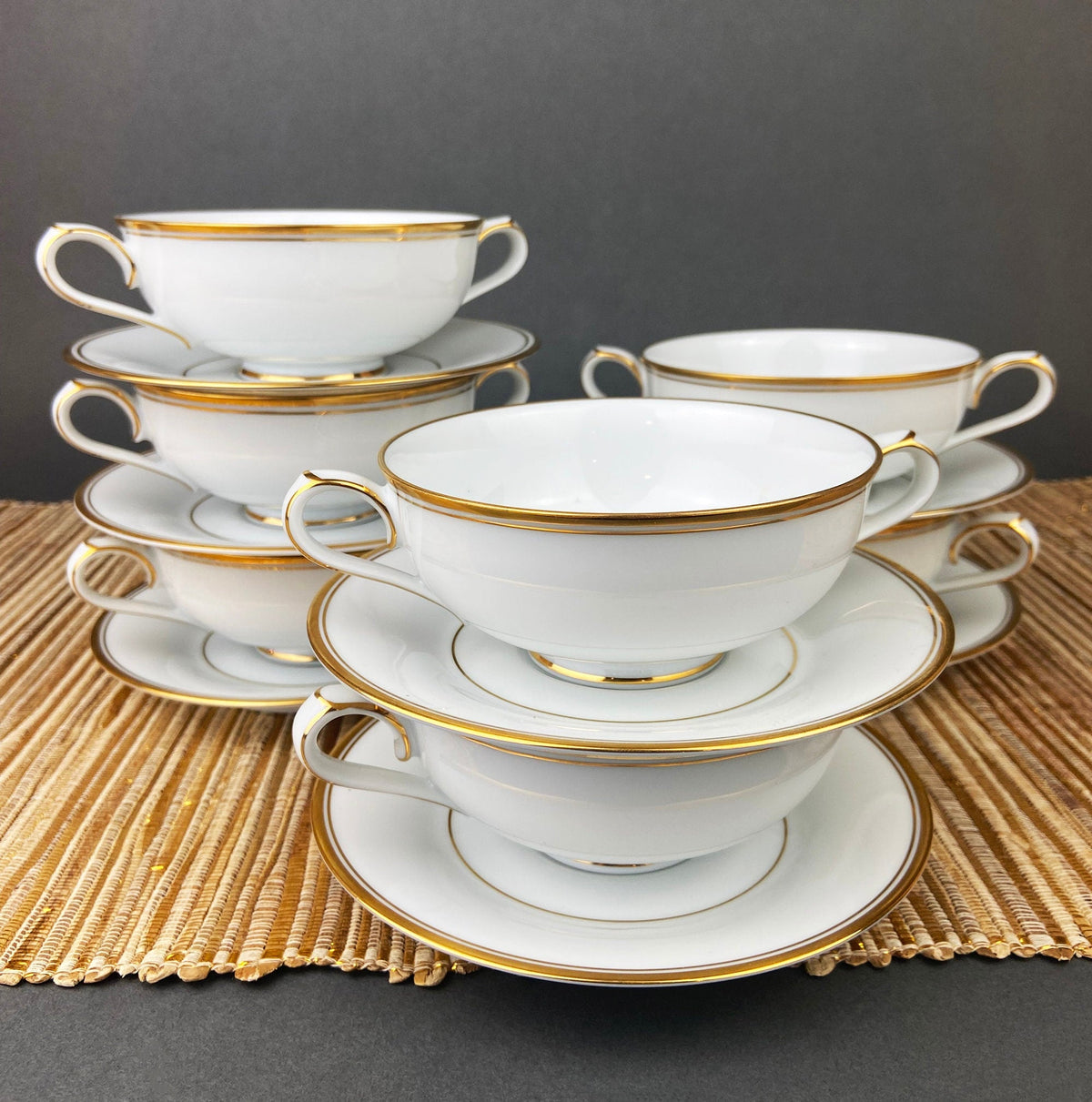 Vintage Noritake Allison Porcelain Soup Bowls & Saucers, Gold Wedding Band China, Set of 7