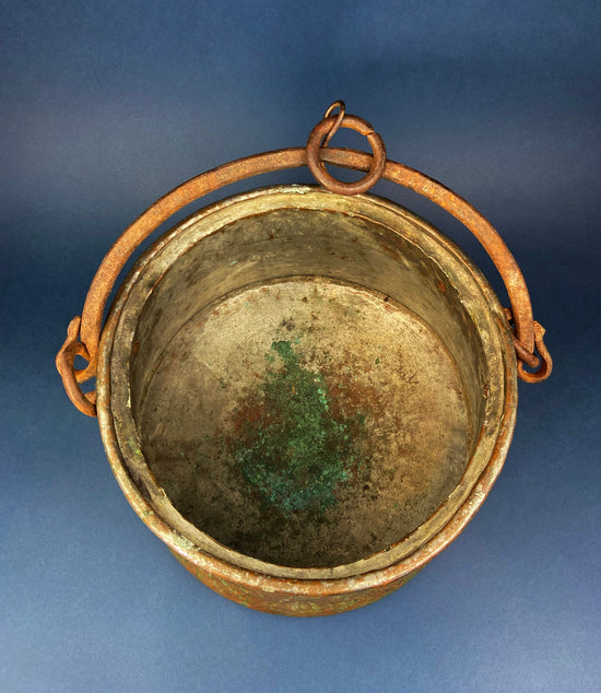 Antique Copper Cauldron. Large Hand Pounded Bucket with Wrought Iron Handle. Hand Hammered Fire Wood Scuttle. Rustic Home Decor.