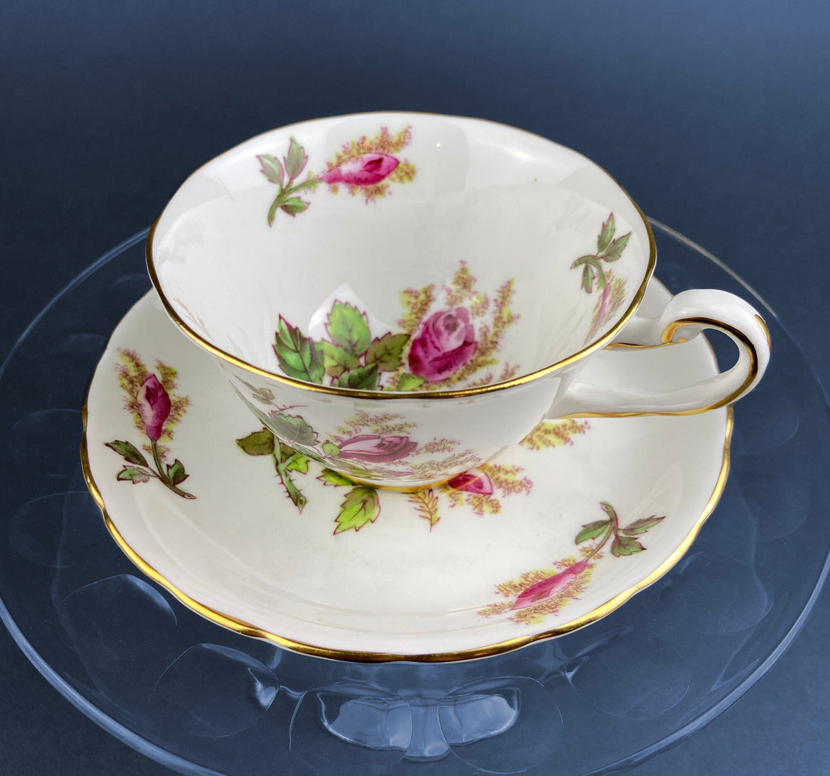 Vintage Moss Rose Porcelain Tea Cup and Saucer: Gold Swirl Silhouette