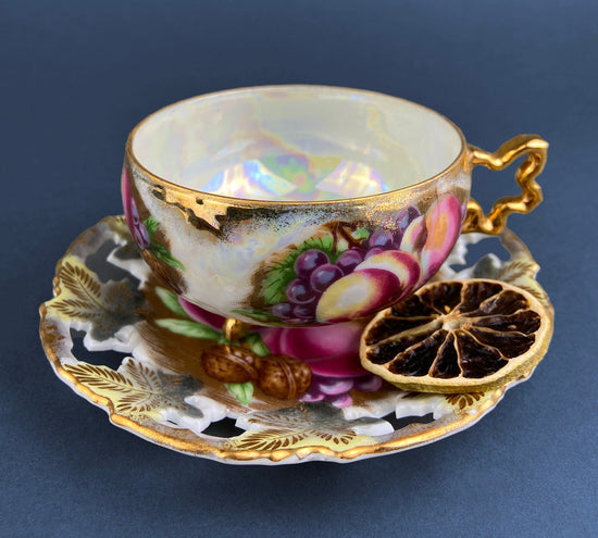 Vintage Metasco Tea Cup and Saucer, Cherry Blossom Iridescent Set