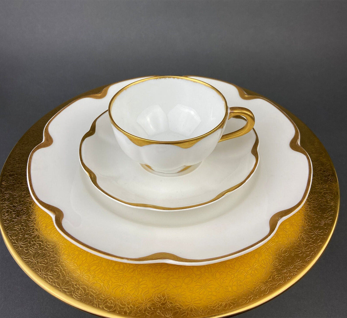 Antique Eschenbach Bavarian Porcelain Tea Trio: Gold Floral Cup, Saucer, Plate