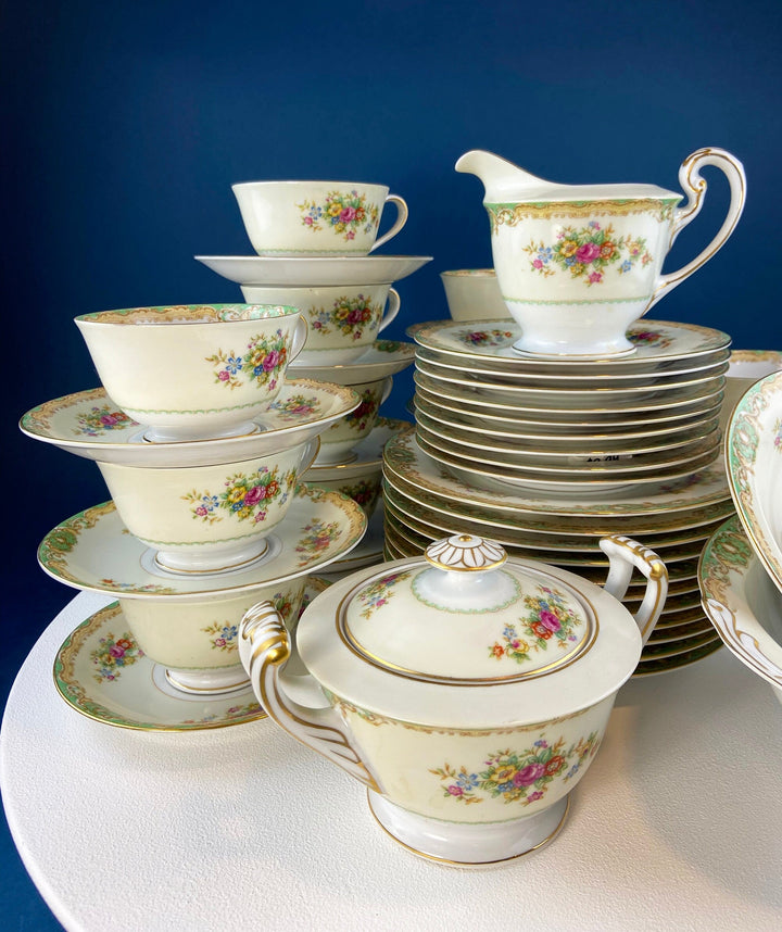 Mikado Fine China Dinnerware Set: Green Floral Cottagecore Dishes