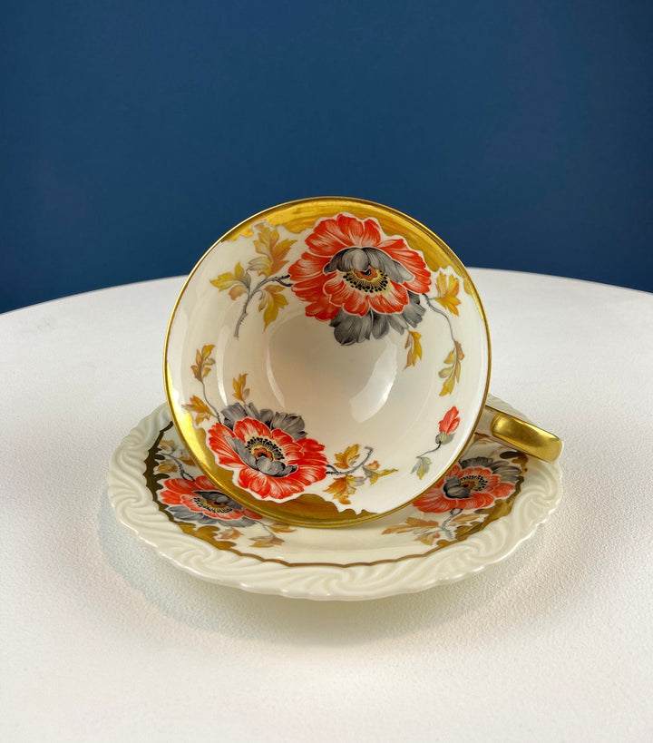 Vintage OST Mark SF Tea Cup with Saucer. Stunning Hand Painted Poppies and Rich Gold Rim. Collectible Tea Set. Wedding Gift. Cottagecore.