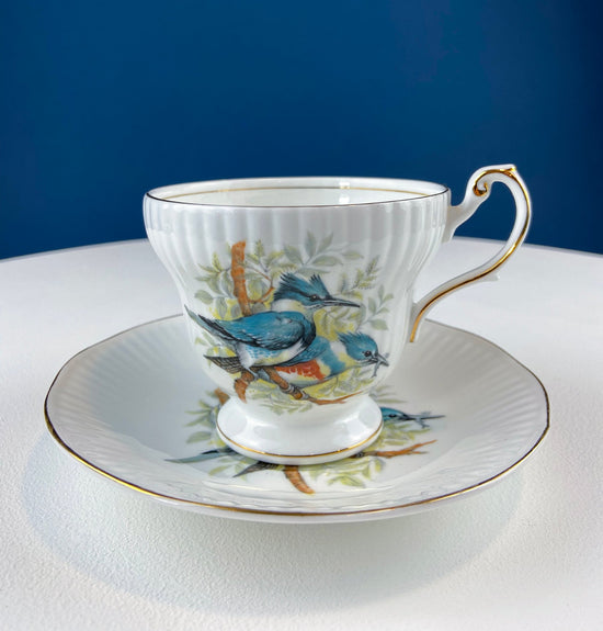 Vintage Cup and Saucer with Blue Birds. Queens's Fine Bone China. Birds of America. Pair of Kingfishers. Gift for Dad, Fisherman, Bird Lover