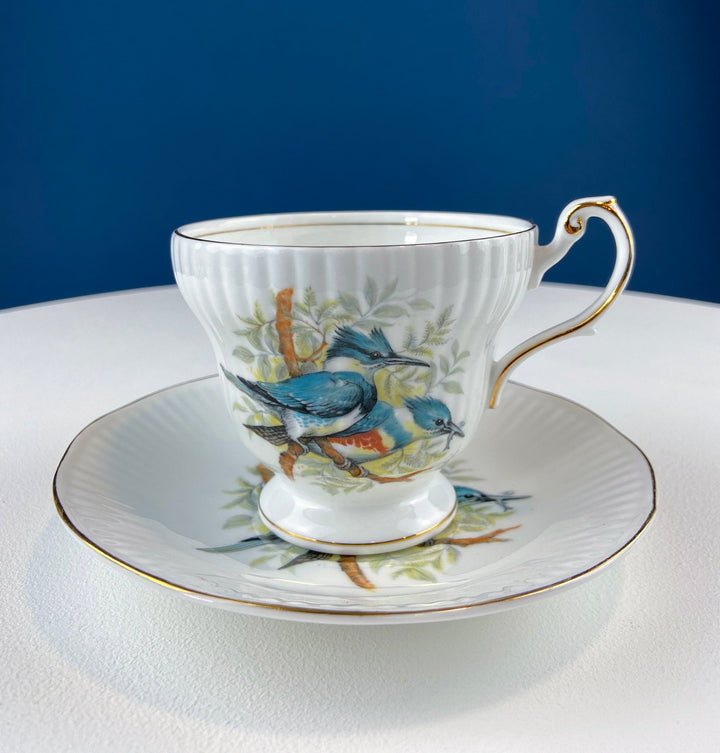 Vintage Cup and Saucer with Blue Birds. Queens's Fine Bone China. Birds of America. Pair of Kingfishers. Gift for Dad, Fisherman, Bird Lover