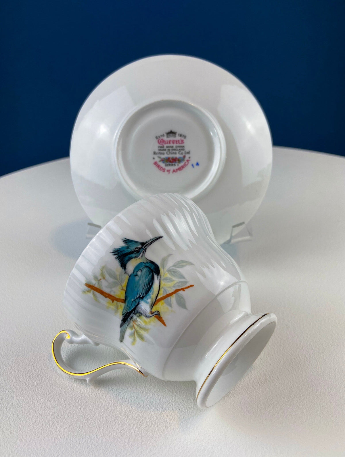 Vintage Cup and Saucer with Blue Birds. Queens's Fine Bone China. Birds of America. Pair of Kingfishers. Gift for Dad, Fisherman, Bird Lover