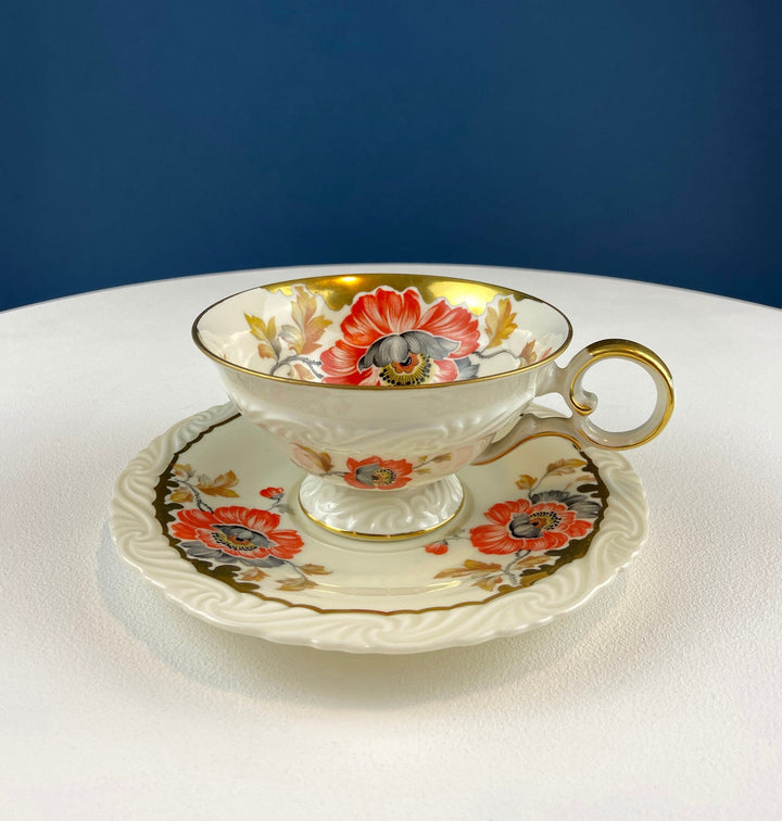 Vintage OST Mark SF Tea Cup with Saucer. Stunning Hand Painted Poppies and Rich Gold Rim. Collectible Tea Set. Wedding Gift. Cottagecore.