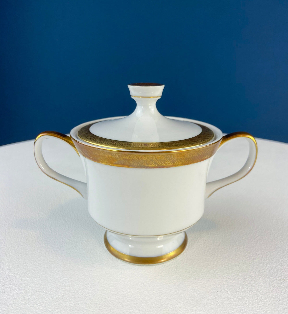White & Gold Dish Set. Wedding Band China. Sango Spun Gold. Dinner, Salad or Dessert, Soup Plates, Sugar Bowl, Serving Dishes.