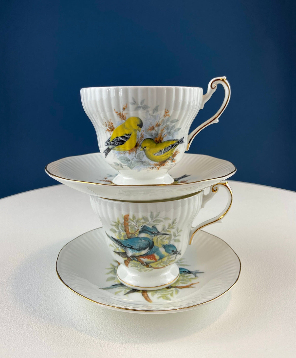 Vintage Cup and Saucer with Blue Birds. Queens's Fine Bone China. Birds of America. Pair of Kingfishers. Gift for Dad, Fisherman, Bird Lover