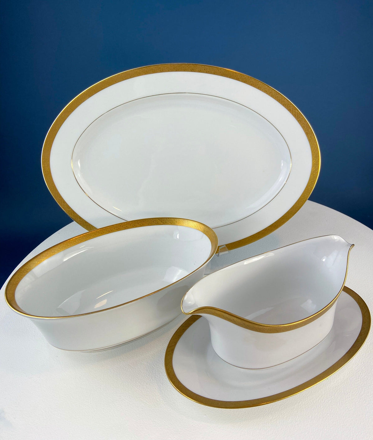 White & Gold Dish Set. Wedding Band China. Sango Spun Gold. Dinner, Salad or Dessert, Soup Plates, Sugar Bowl, Serving Dishes.