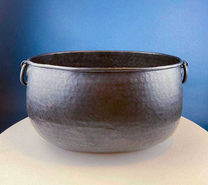 Extra Large Hand Pounded Copper Blackened Cauldron. Antique Hand Hammered Oval Scuttle for Wood Toys or Storage. Rustic Home Decor.