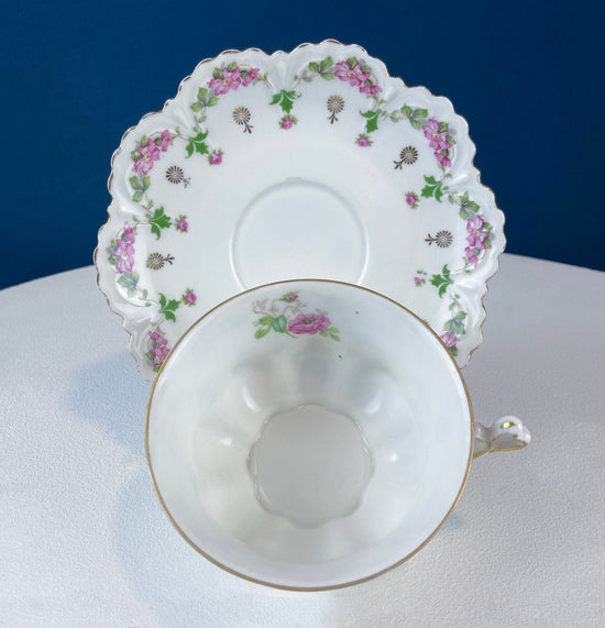Very Light Weight Porcelain Cup and Saucer. M&K Austria. Delicate Rose Garlands and Scalloped Edges. Heart Shaped Handle. Gift for Her.