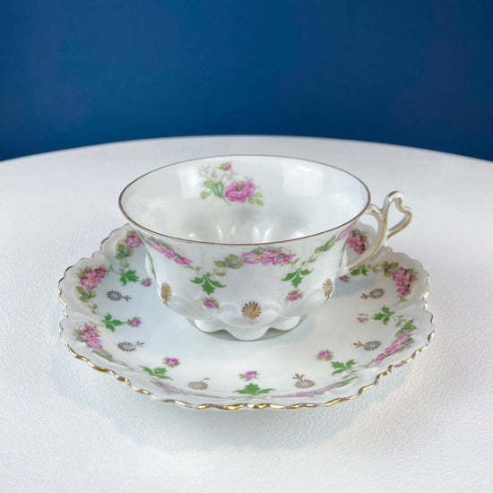 Very Light Weight Porcelain Cup and Saucer. M&K Austria. Delicate Rose Garlands and Scalloped Edges. Heart Shaped Handle. Gift for Her.