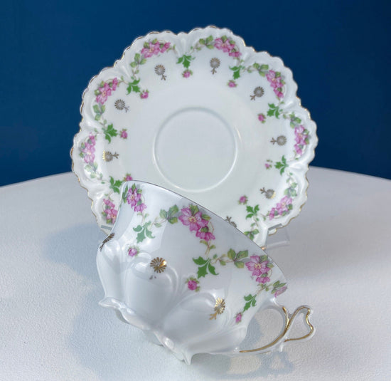 Very Light Weight Porcelain Cup and Saucer. M&K Austria. Delicate Rose Garlands and Scalloped Edges. Heart Shaped Handle. Gift for Her.