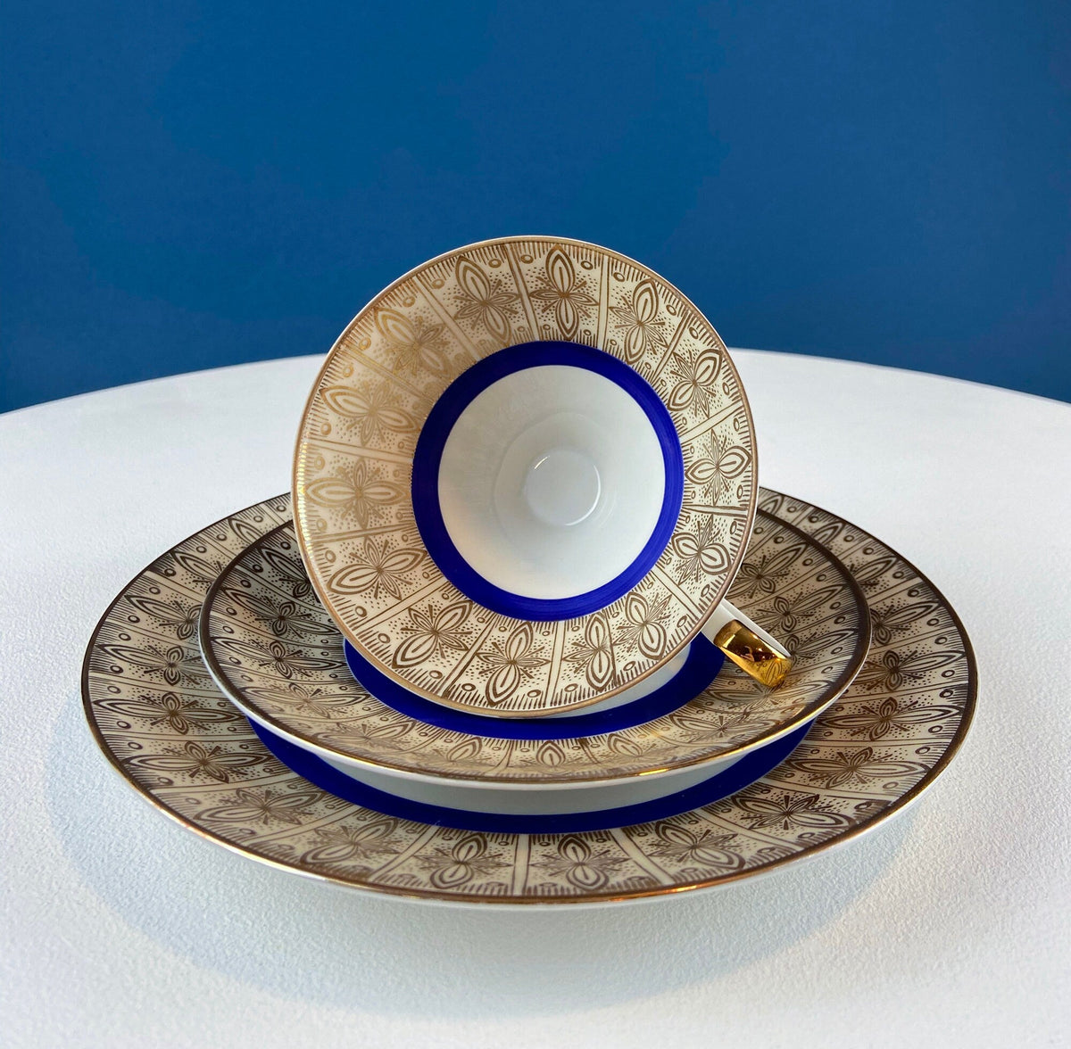 Vintage Paragon Cup and Saucer. Porcelain Tea Set. Lt Yellow with Dark Blue and Gold Bend. Rose Motif.  Excellent Gift Idea for Tea Lover.