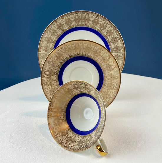 Vintage Paragon Cup and Saucer. Porcelain Tea Set. Lt Yellow with Dark Blue and Gold Bend. Rose Motif.  Excellent Gift Idea for Tea Lover.