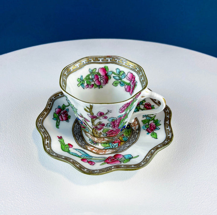 Vintage Royal Coalport Tea Cup and Saucer. Made in England. Stunning Hand Painted Asian Floral Motif. Peonies and Trees. Dining Room Decor.