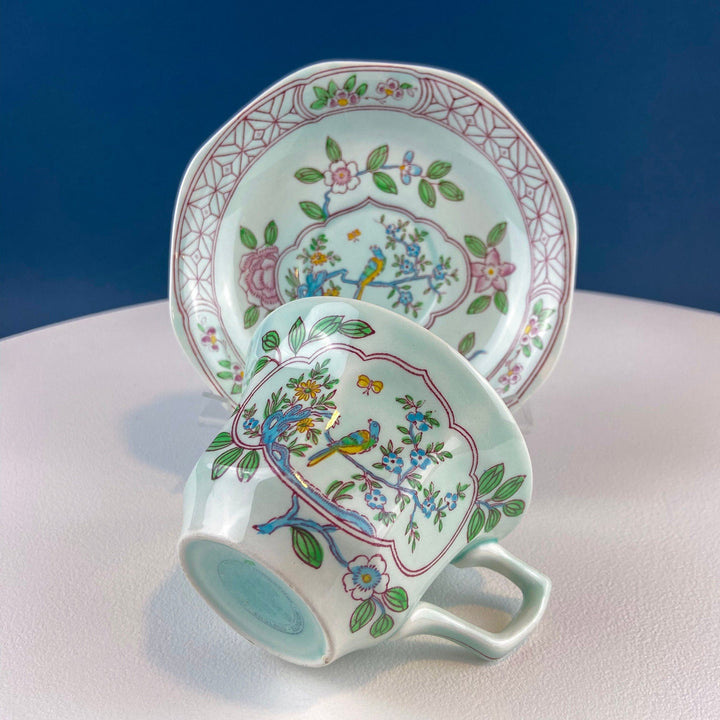Vintage Blue Green Adams Calyx Ware Cup & Saucer. Singapore Bird Pattern. Real English Ironstone. Dining Room Decor. Modern Farmhouse.