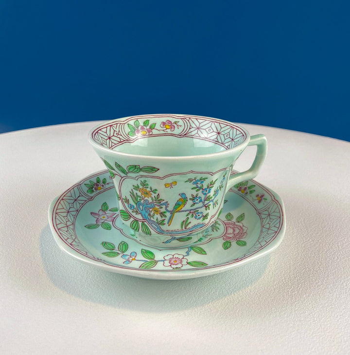 Vintage Blue Green Adams Calyx Ware Cup & Saucer. Singapore Bird Pattern. Real English Ironstone. Dining Room Decor. Modern Farmhouse.