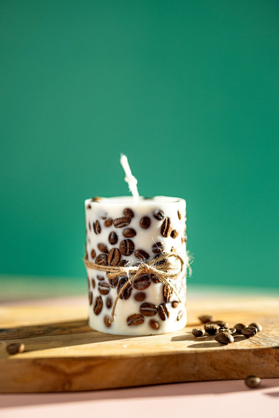 Handcrafted Coffee Bean Pillar Candle – Real Coffee Beans, Scented Soy Wax, Aromatherapy Home Decor