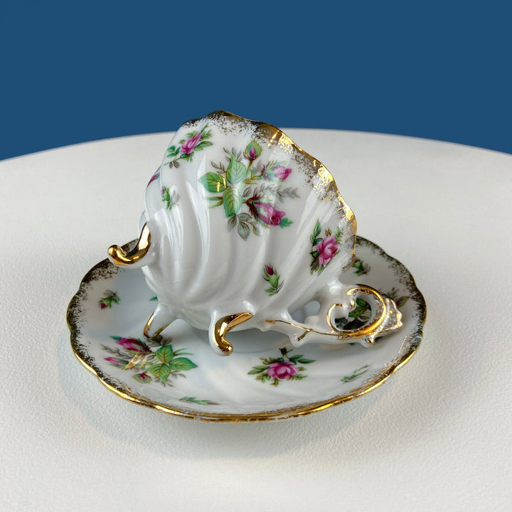 Vintage Moss Rose Porcelain Tea Cup and Saucer: Gold Swirl Silhouette